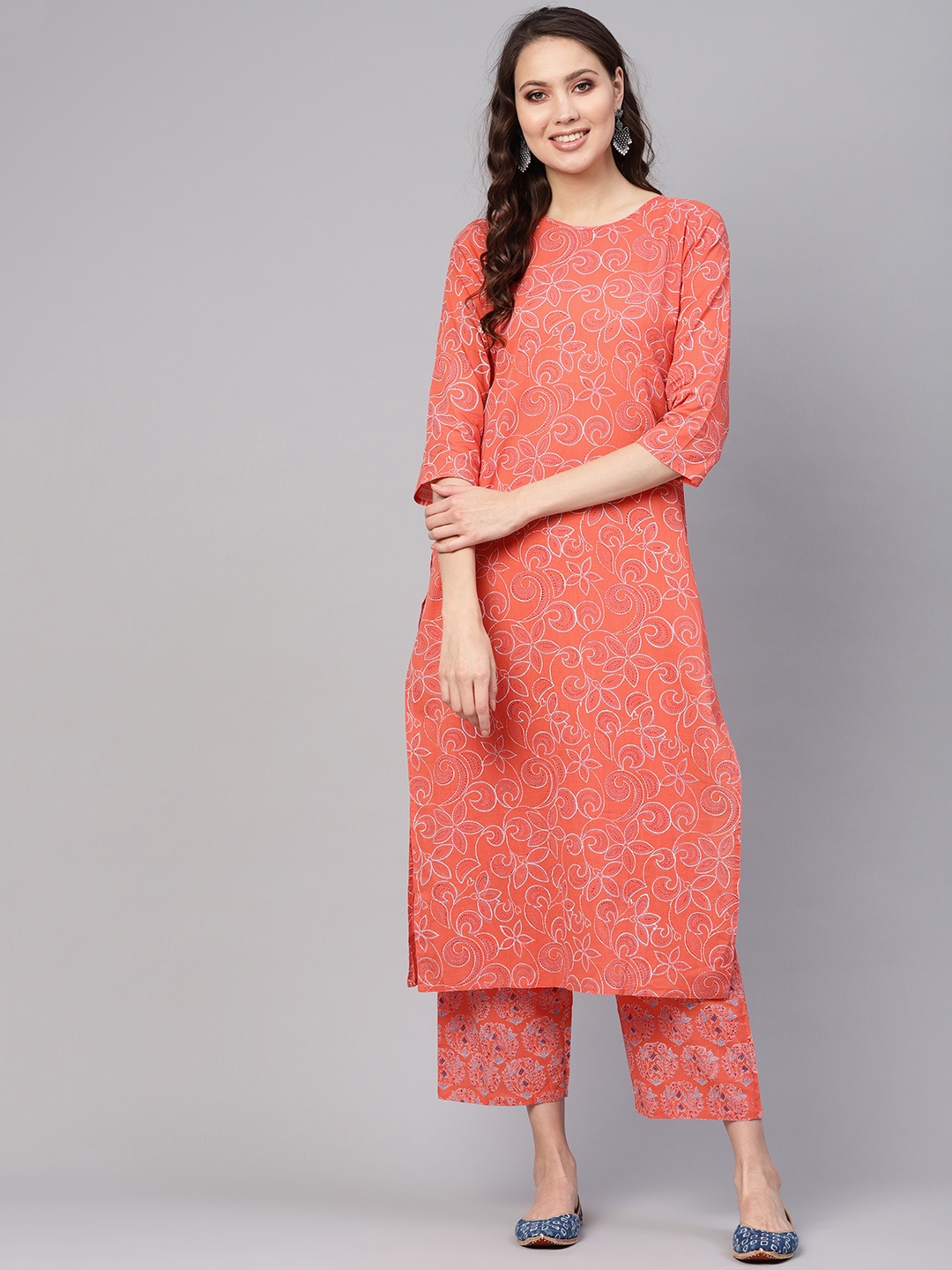 Nayo Women Coral Pink & Blue Printed Kurta with Palazzos