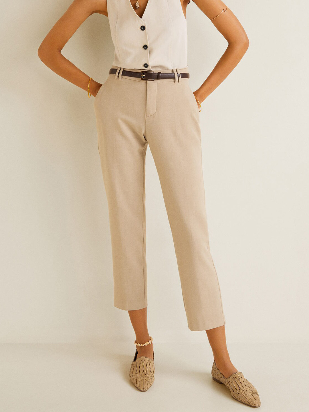MANGO Women Beige Solid Regular Trousers 
MANGO Women Beige Solid Regular Trousers
