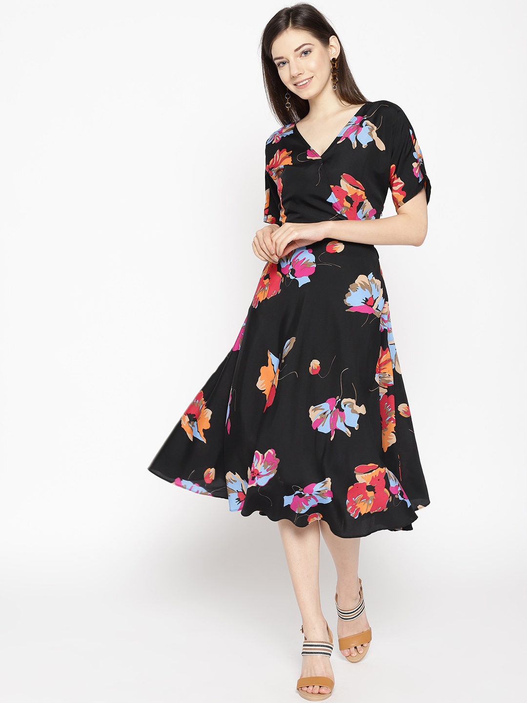 MABISH by Sonal Jain Women Black & Orange Floral Printed Wrap Dress