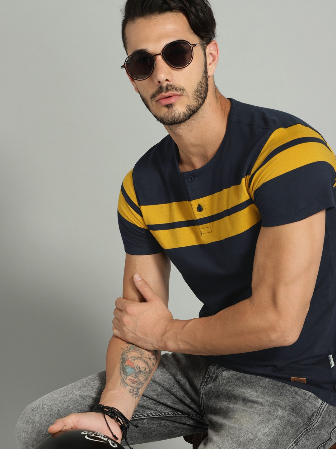 The Roadster Lifestyle Co Men Navy Blue Mustard Yellow Striped Henley Neck Pure Cotton T-shirt
The Roadster Lifestyle Co Men Navy Blue Mustard Yellow Striped Henley Neck Pure Cotton T-shirt