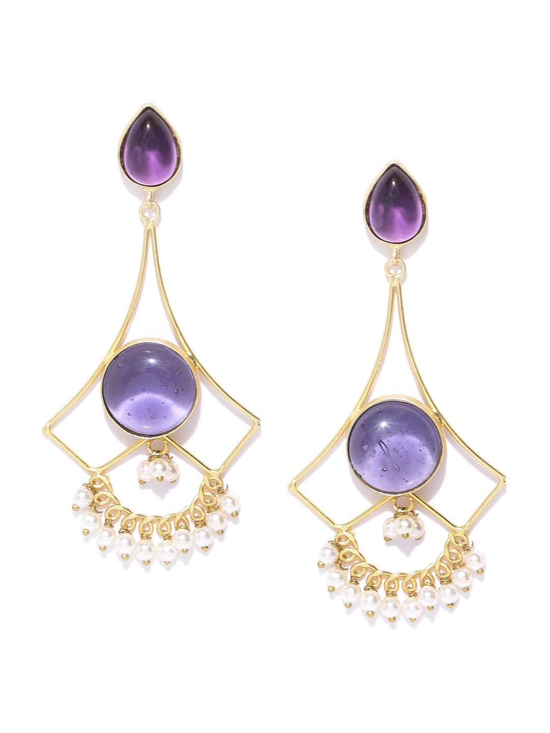 Infuzze Purple Gold-Plated Stone-Studded Geometric Handcrafted Drop Earrings