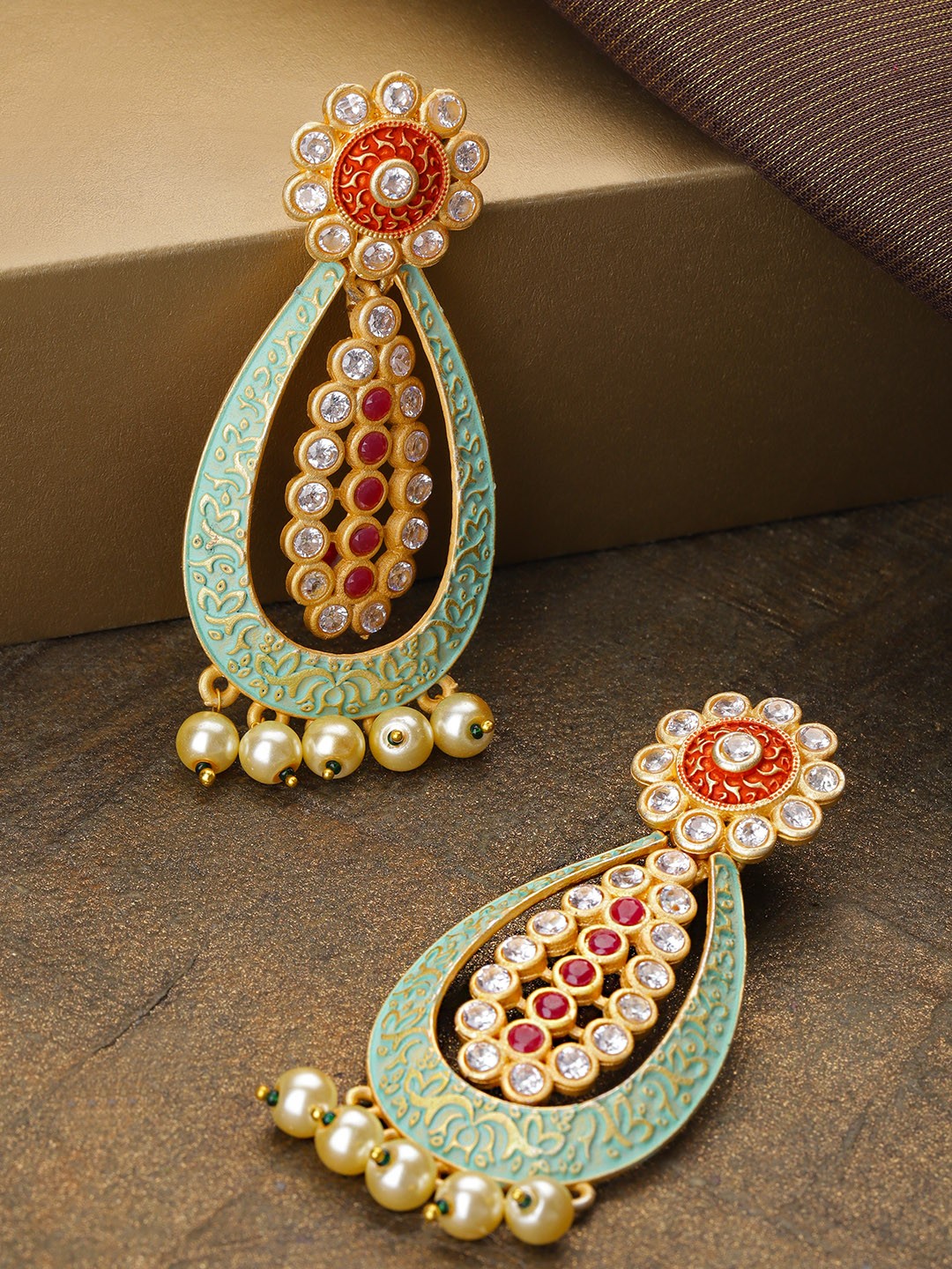 Priyaasi Green Gold-Plated Stone Studded & Beaded Enamelled Teardrop Shaped Drop Earrings
Priyaasi Green Gold-Plated Stone Studded & Beaded Enamelled Teardrop Shaped Drop Earrings