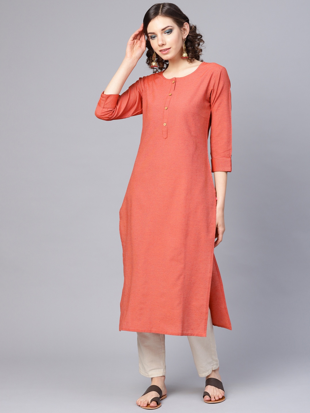 Varanga Women Rust Orange Handloom Woven Design Straight Kurta