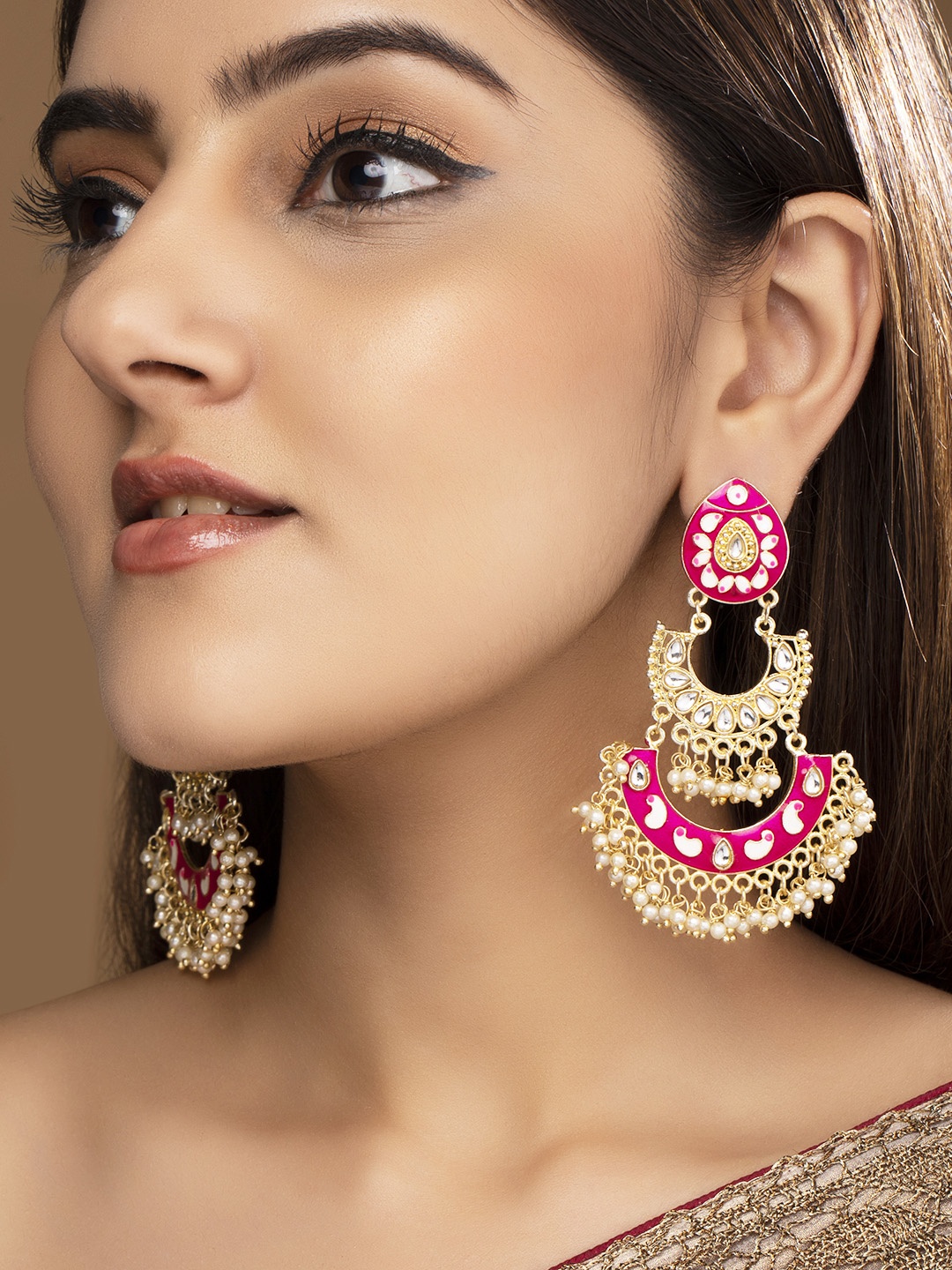 Rubans 18K Gold Plated White & Pink Enamel Handpainted Kundan Pearl Beaded Long Chandbalis
Rubans 18K Gold Plated White & Pink Enamel Handpainted Kundan Pearl Beaded Long Chandbalis