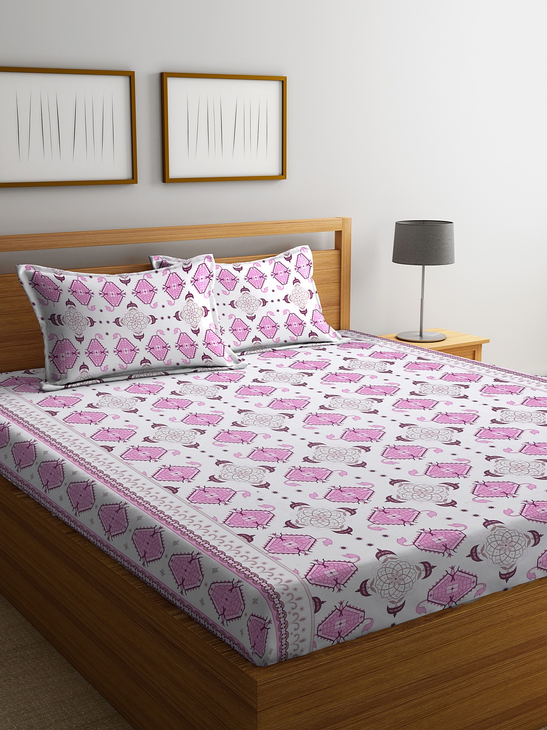 Cortina White & Pink Ethnic Motifs 144 TC Cotton 1 Queen Bedsheet with 2 Pillow Covers