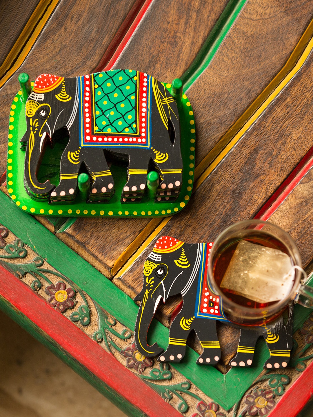 ExclusiveLane Set of 6 The Resting Elephants Chilbil Wooden Hand-Painted Coasters, Black
ExclusiveLane Set of 6 The Resting Elephants Chilbil Wooden Hand-Painted Coasters, Black