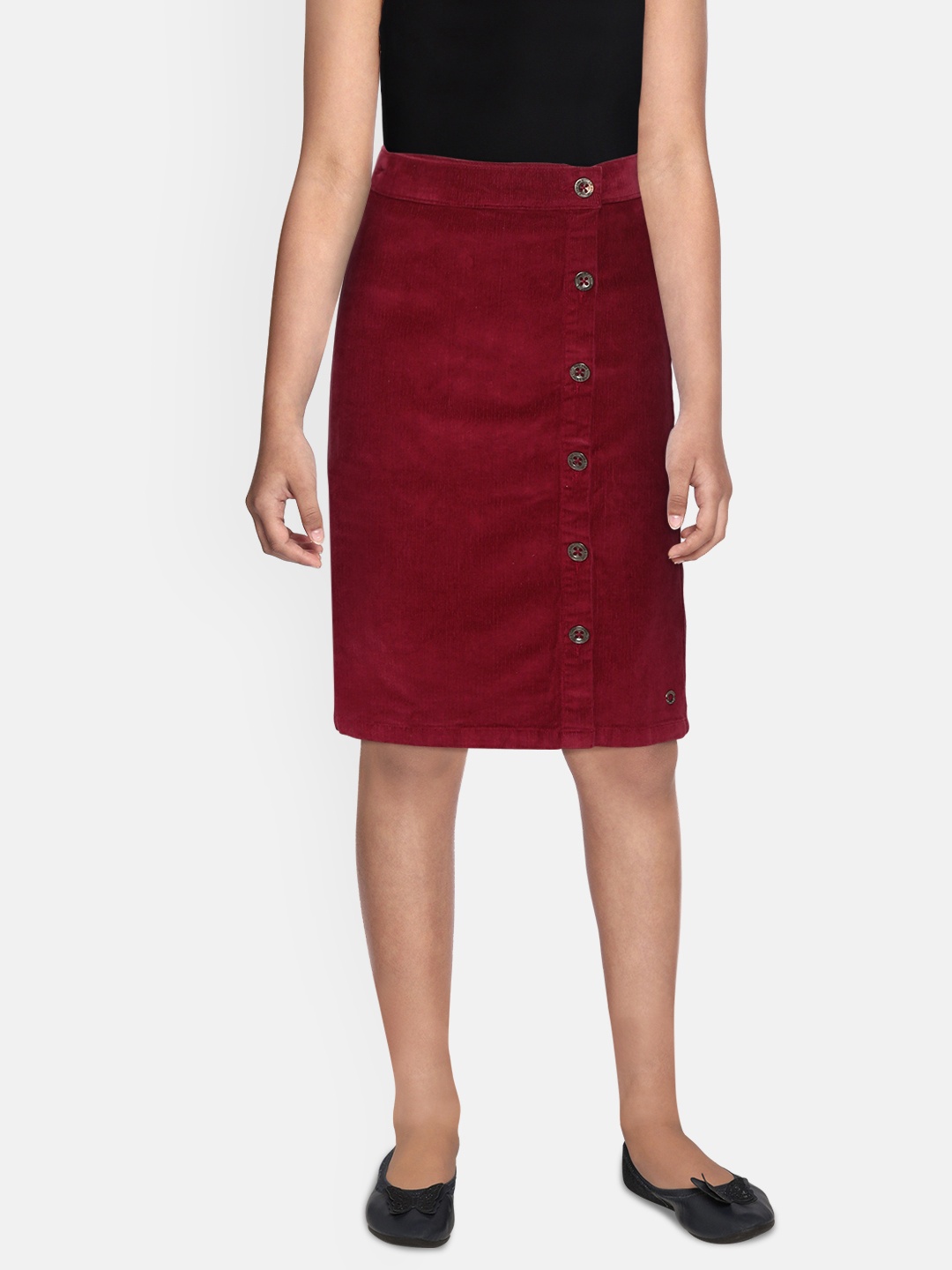 Gini and Jony Girls Maroon Solid Corduroy Wrap Skirt