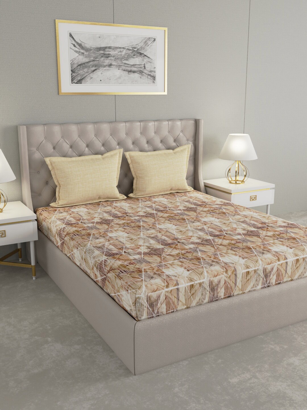 GM Brown & Beige Geometric 144 TC Cotton 1 Super Queen Bedsheet with 2 Pillow Covers
GM Brown & Beige Geometric 144 TC Cotton 1 Super Queen Bedsheet with 2 Pillow Covers