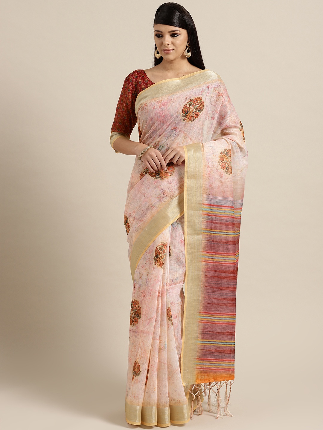Saree mall Pink & Orange Printed Saree