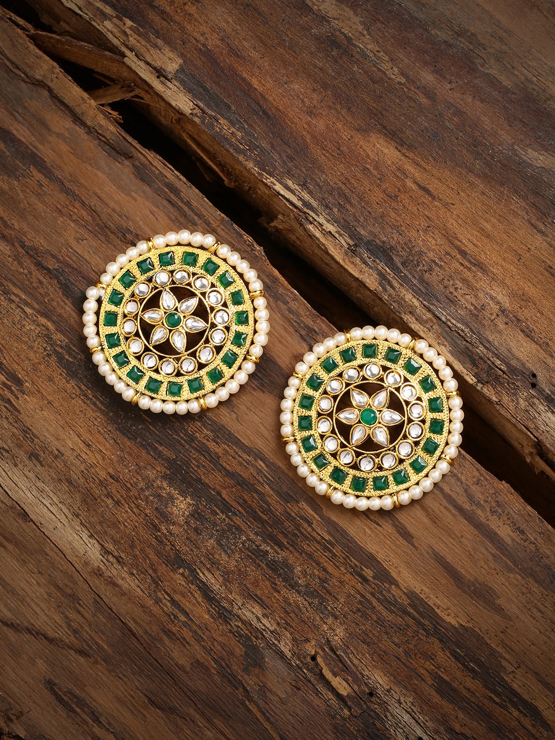 Zaveri Pearls Gold-Toned & Green Over-sized Circular Studs