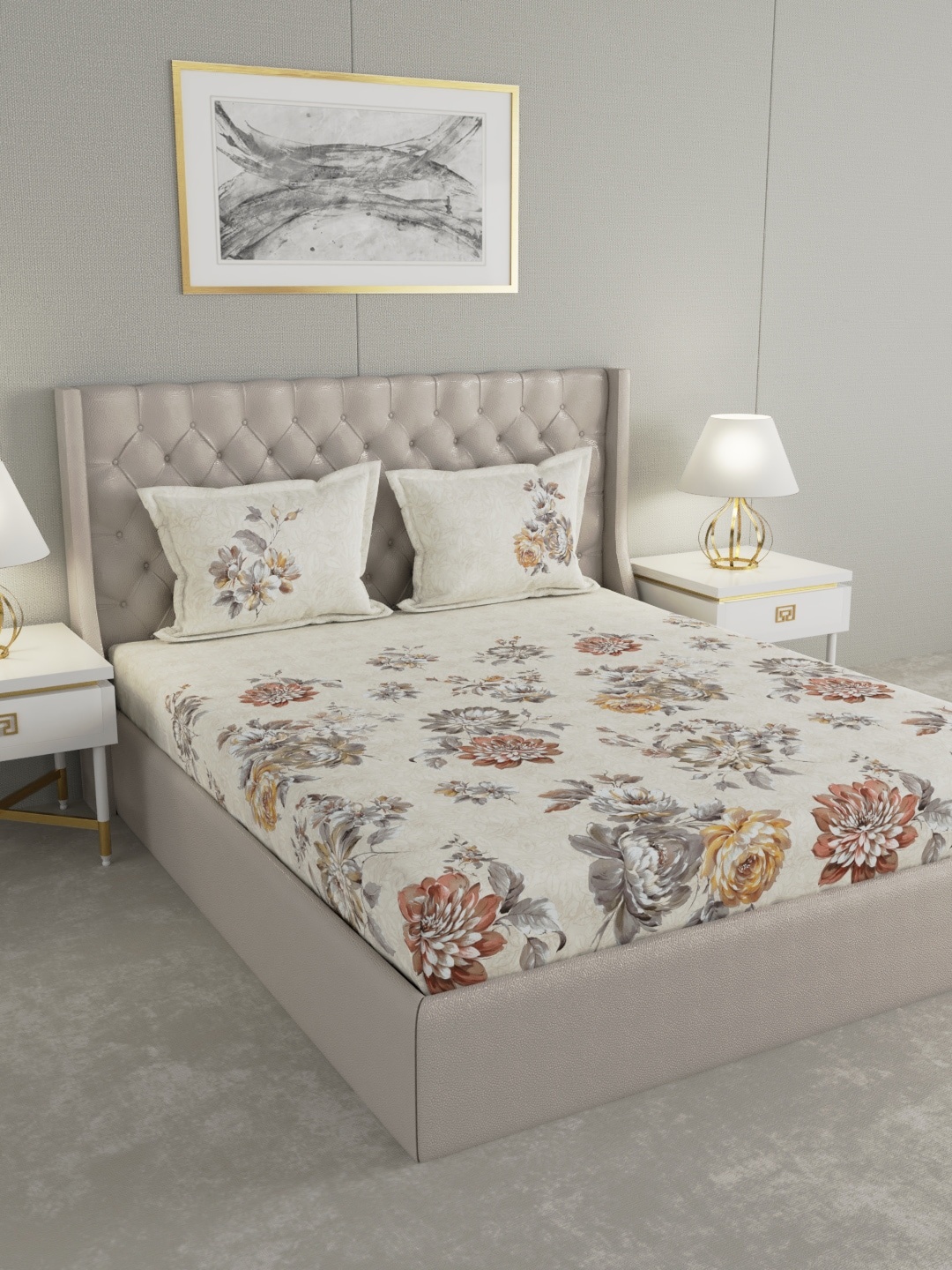 GM Cream-Coloured & Beige Floral 210 TC Cotton Super King Bedsheet with 2 Pillow Covers
GM Cream-Coloured & Beige Floral 210 TC Cotton Super King Bedsheet with 2 Pillow Covers