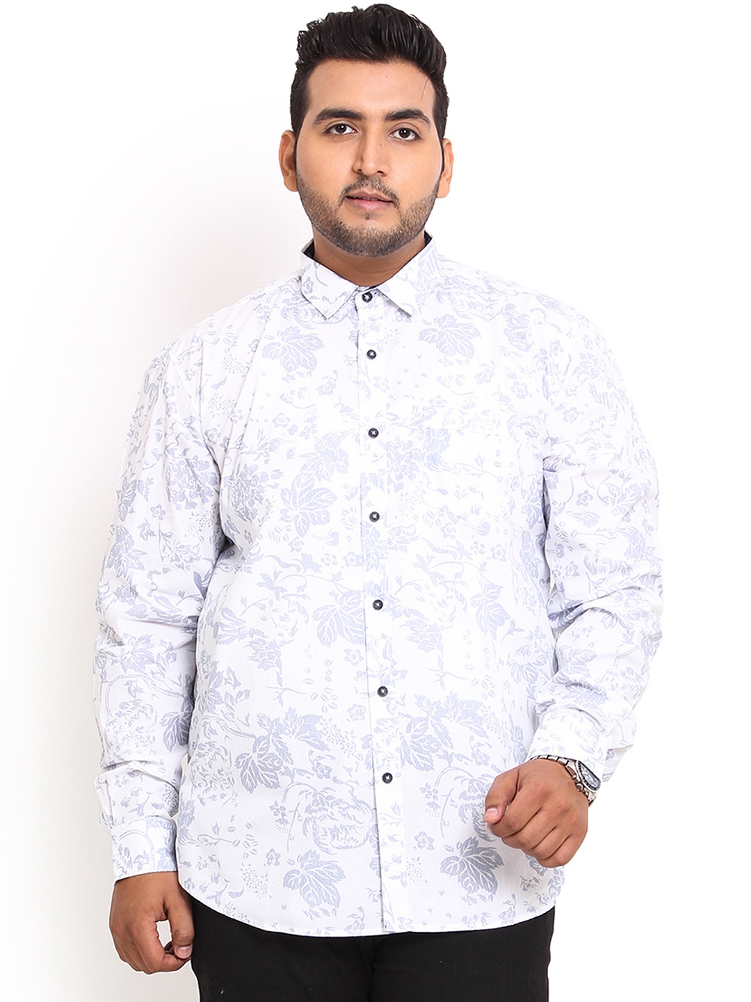 John Pride Plus Size White Printed Smart Fit Casual Shirt