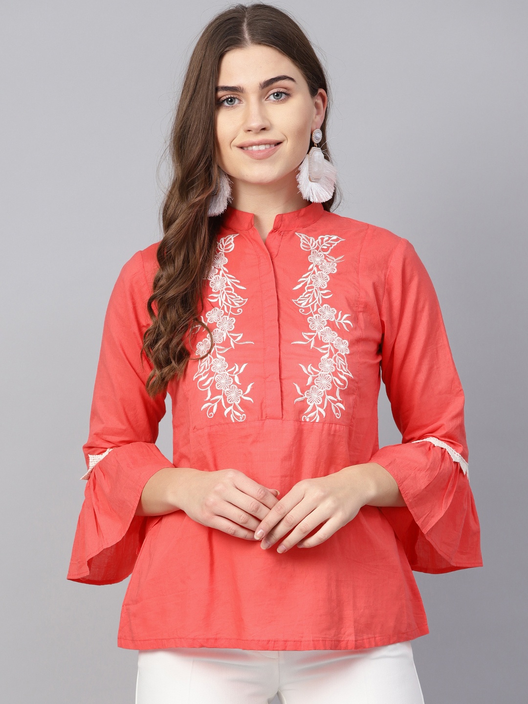 Bhama Couture Women Coral Pink & White Embroidered Detail Pure Cotton Shirt Style Pure Cotton Top
Bhama Couture Women Coral Pink & White Embroidered Detail Pure Cotton Shirt Style Pure Cotton Top