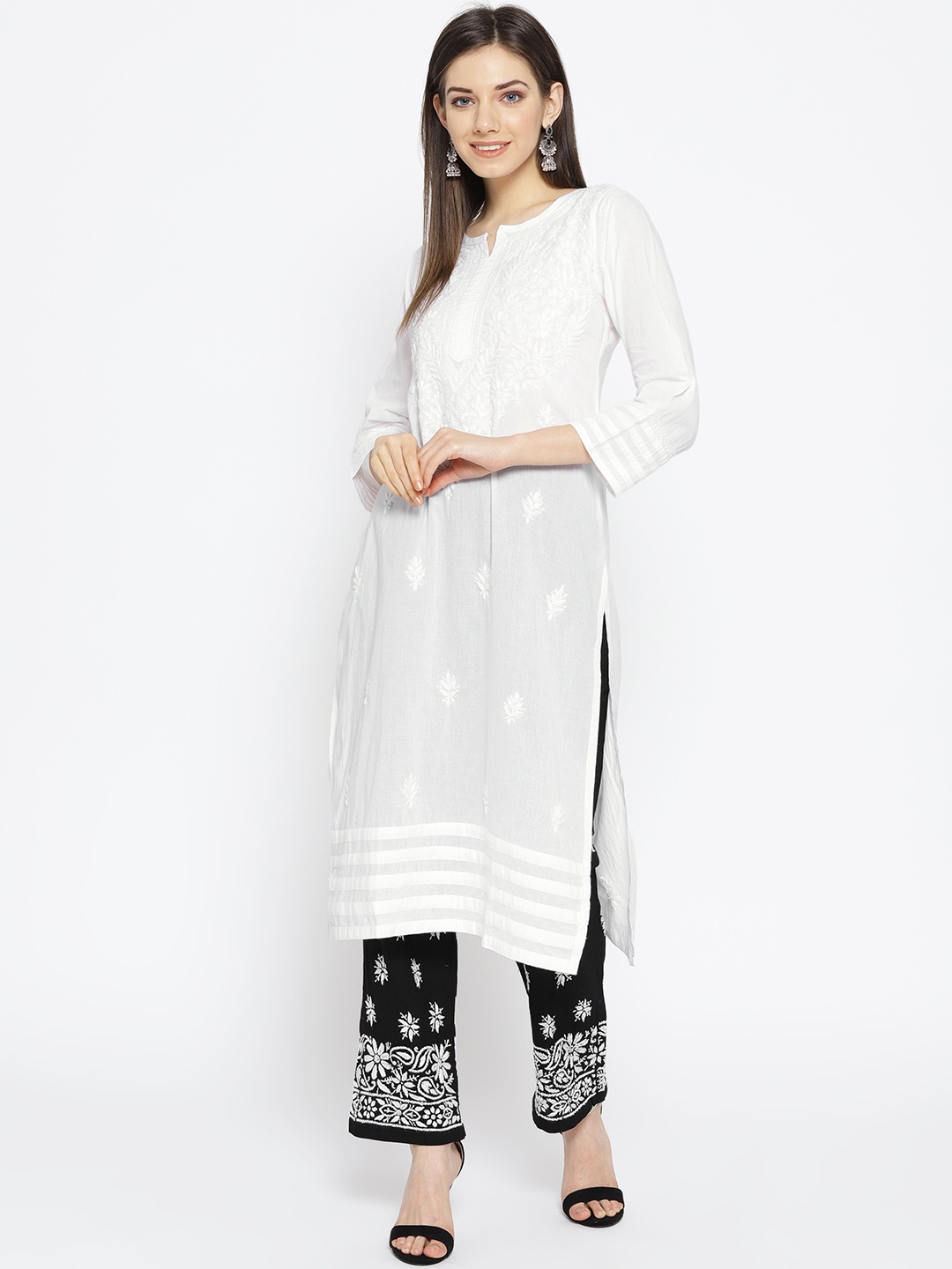 ADA Women White & Black Chikankari Embroidered Sustainable Handloom Kurta with Palazzos
ADA Women White & Black Chikankari Embroidered Sustainable Handloom Kurta with Palazzos