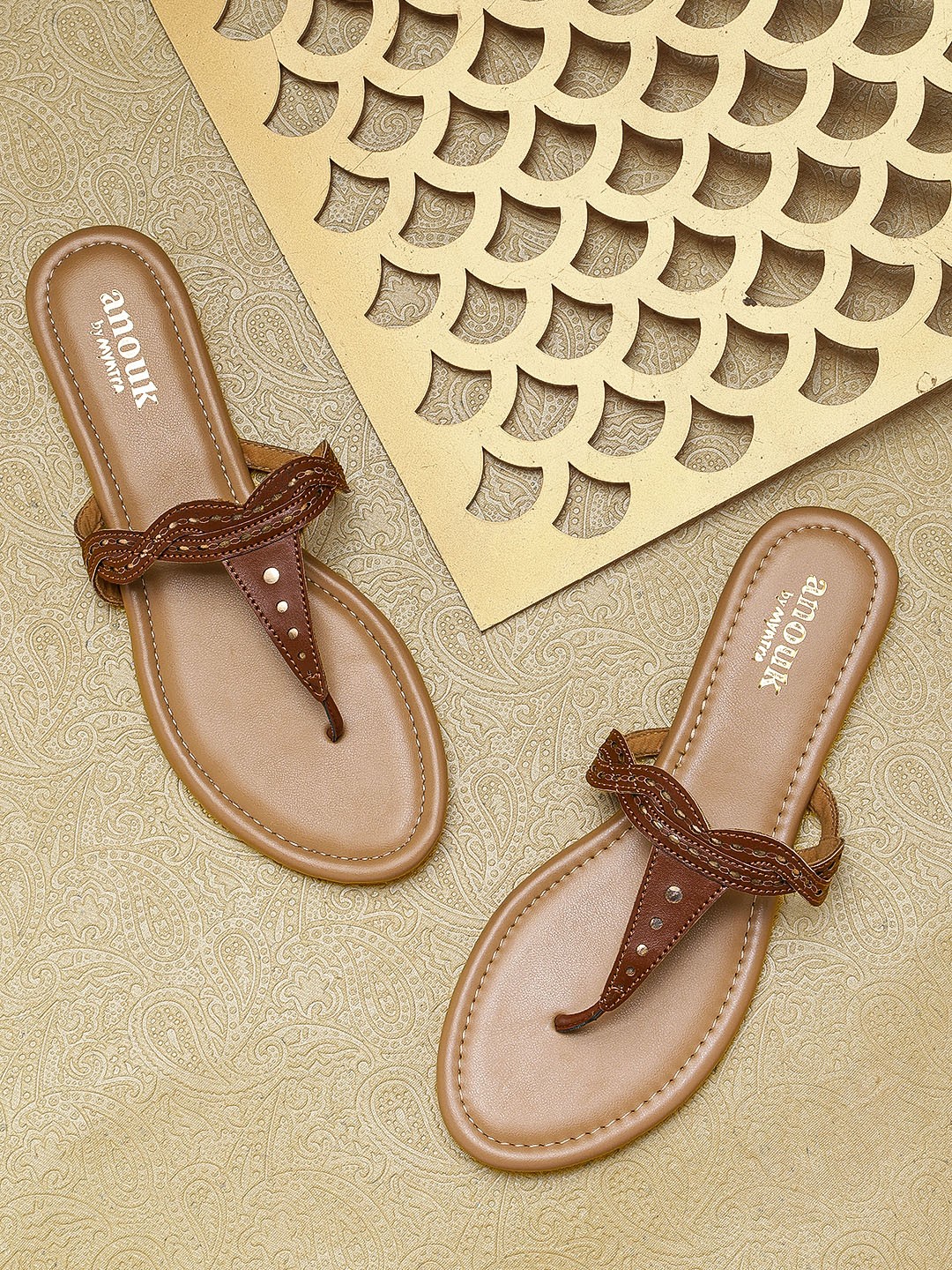Anouk Women Brown Solid T-Strap Flats with Laser Cuts Detail