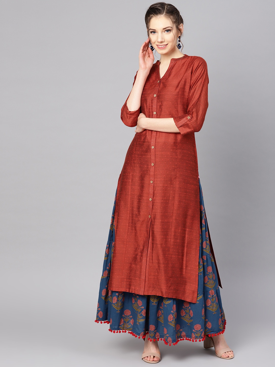 Varanga Women Rust Red & Blue Self-Design Kurta with Skirt