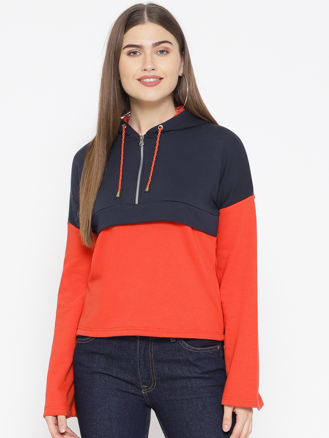 Alsace Lorraine Paris Women Coral Red & Navy Blue Colourblocked Hooded Sweatshirt
Alsace Lorraine Paris Women Coral Red & Navy Blue Colourblocked Hooded Sweatshirt
