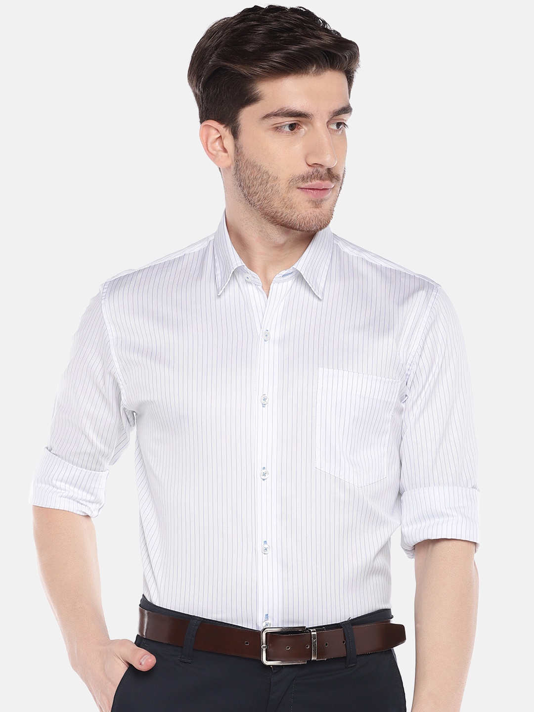 Provogue Men White Slim Fit Striped Casual Shirt