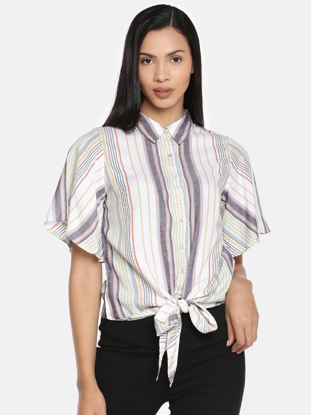 AND Women Grey & White Striped Shirt Style Top