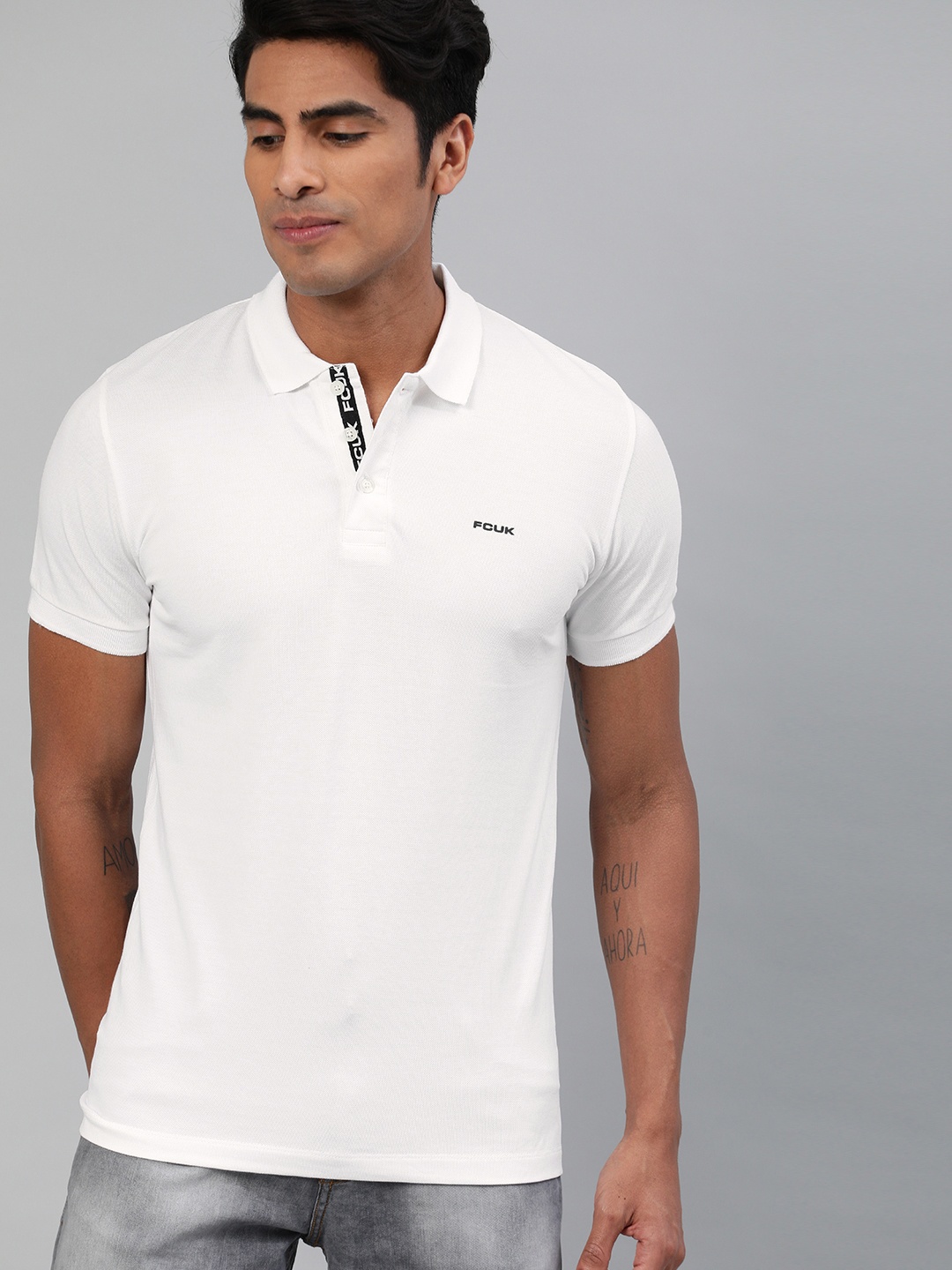 French Connection Men White Solid Polo Collar Pure Cotton T-shirt