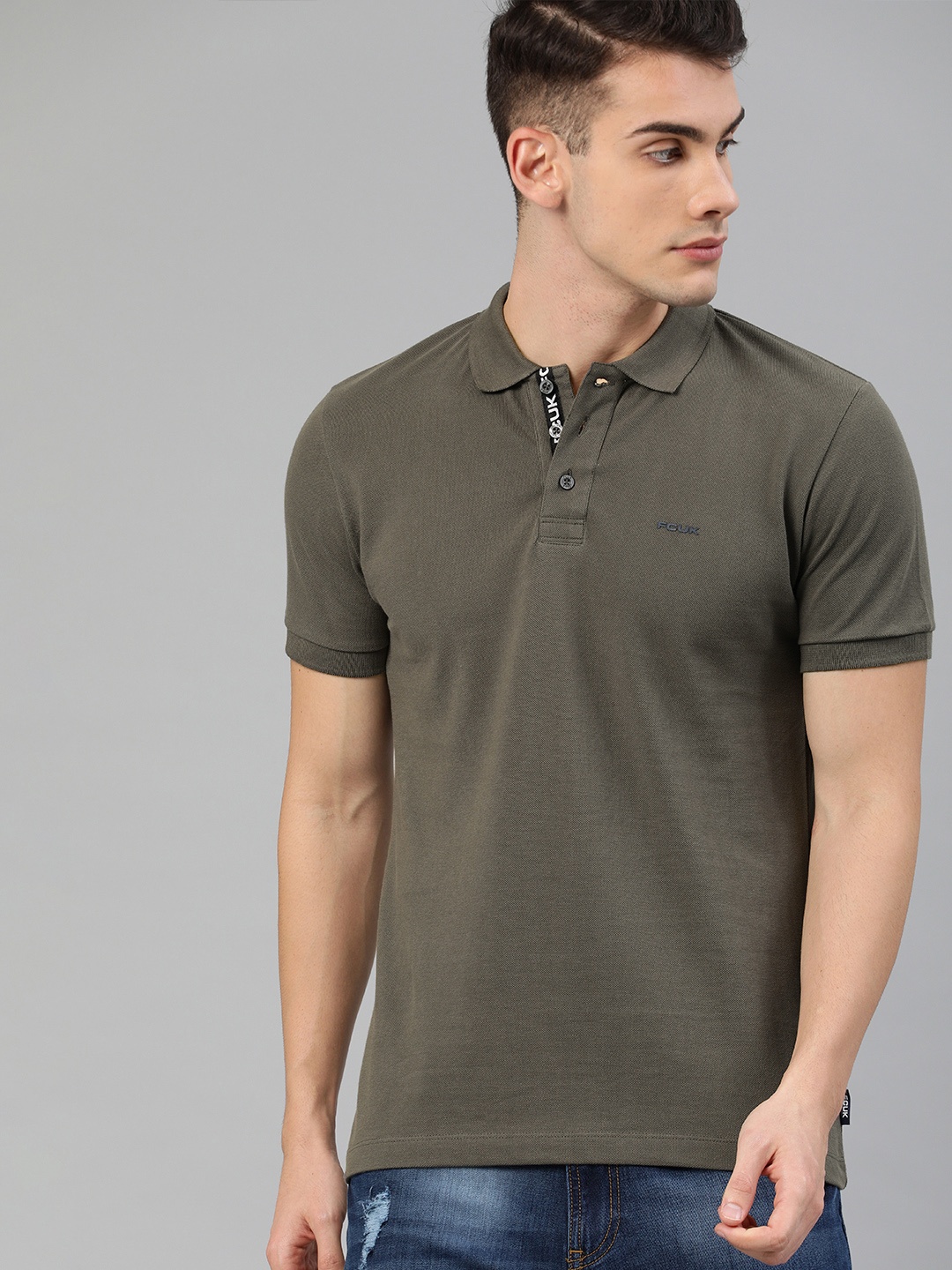 French Connection Men Olive Green Solid Polo Collar Pure Cotton T-shirt