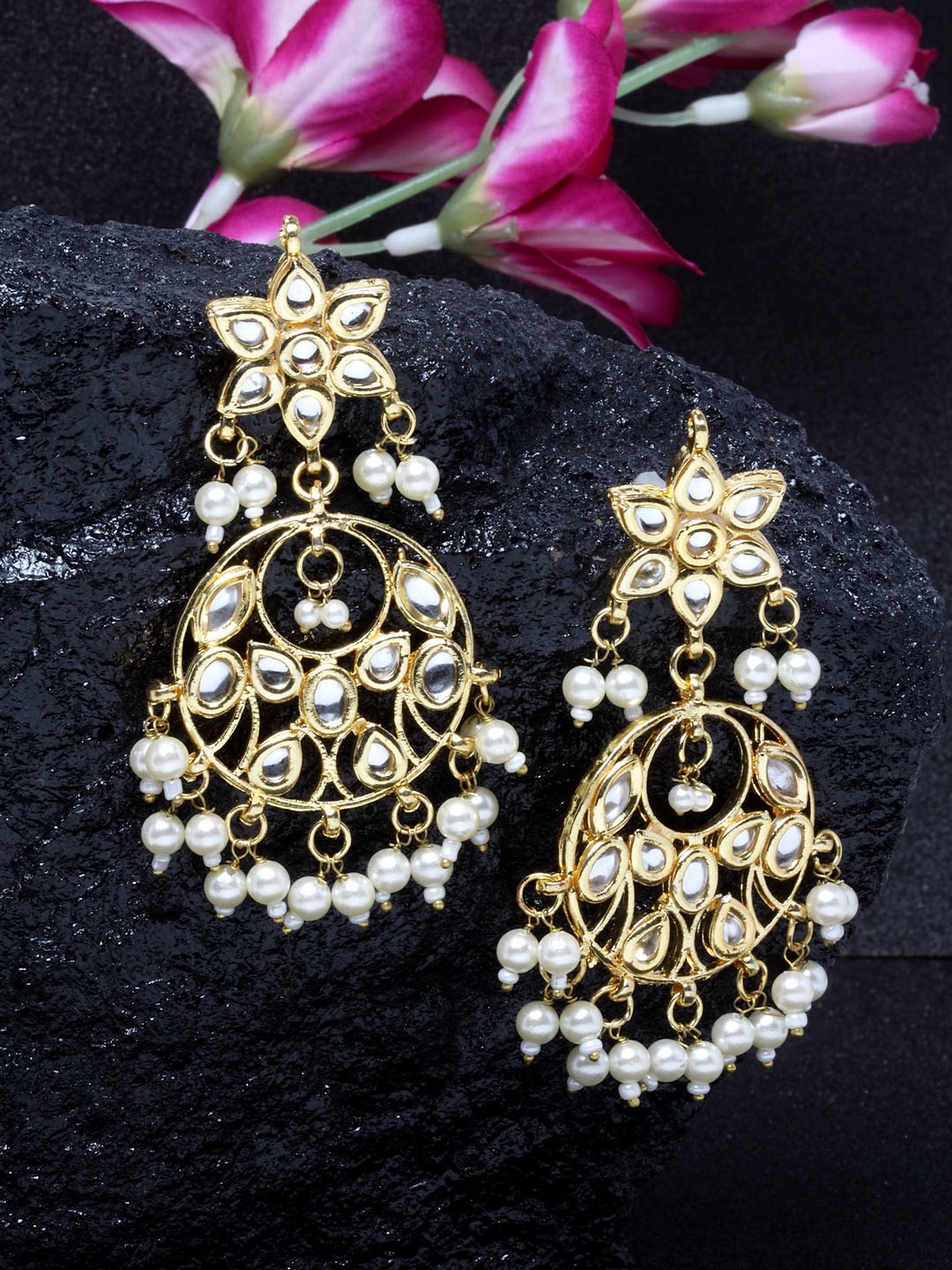 DUGRISTYLE Gold-Plated & White Circular Drop Earrings