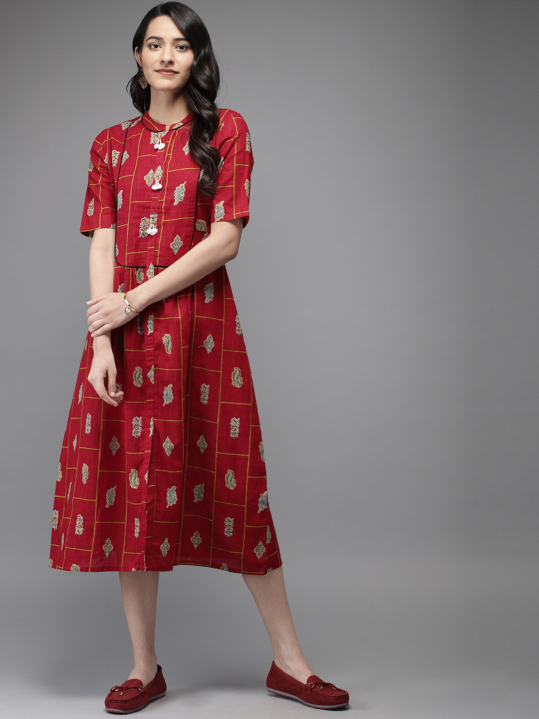 Anouk Women Printed Red A-Line Dress 
Anouk Women Printed Red A-Line Dress