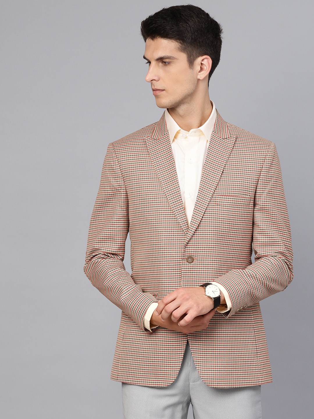 MANQ Men Beige & Black Slim Fit Houndstooth Checked Single Breasted Smart Casual Blazer
MANQ Men Beige & Black Slim Fit Houndstooth Checked Single Breasted Smart Casual Blazer