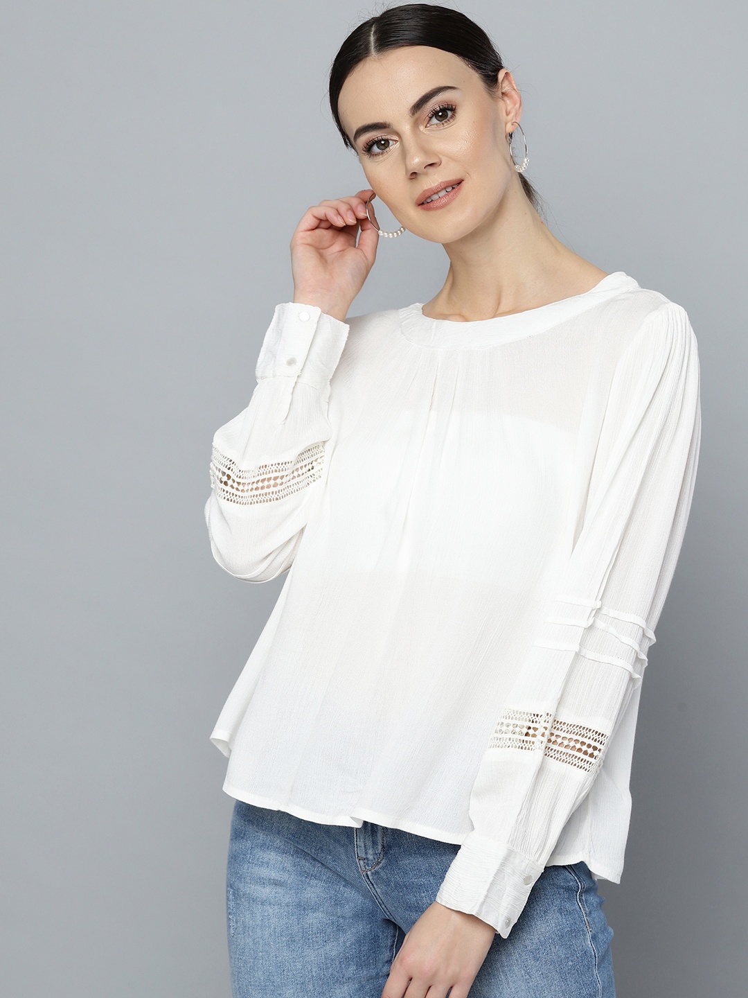 RARE Women White Solid Pure Cotton Top