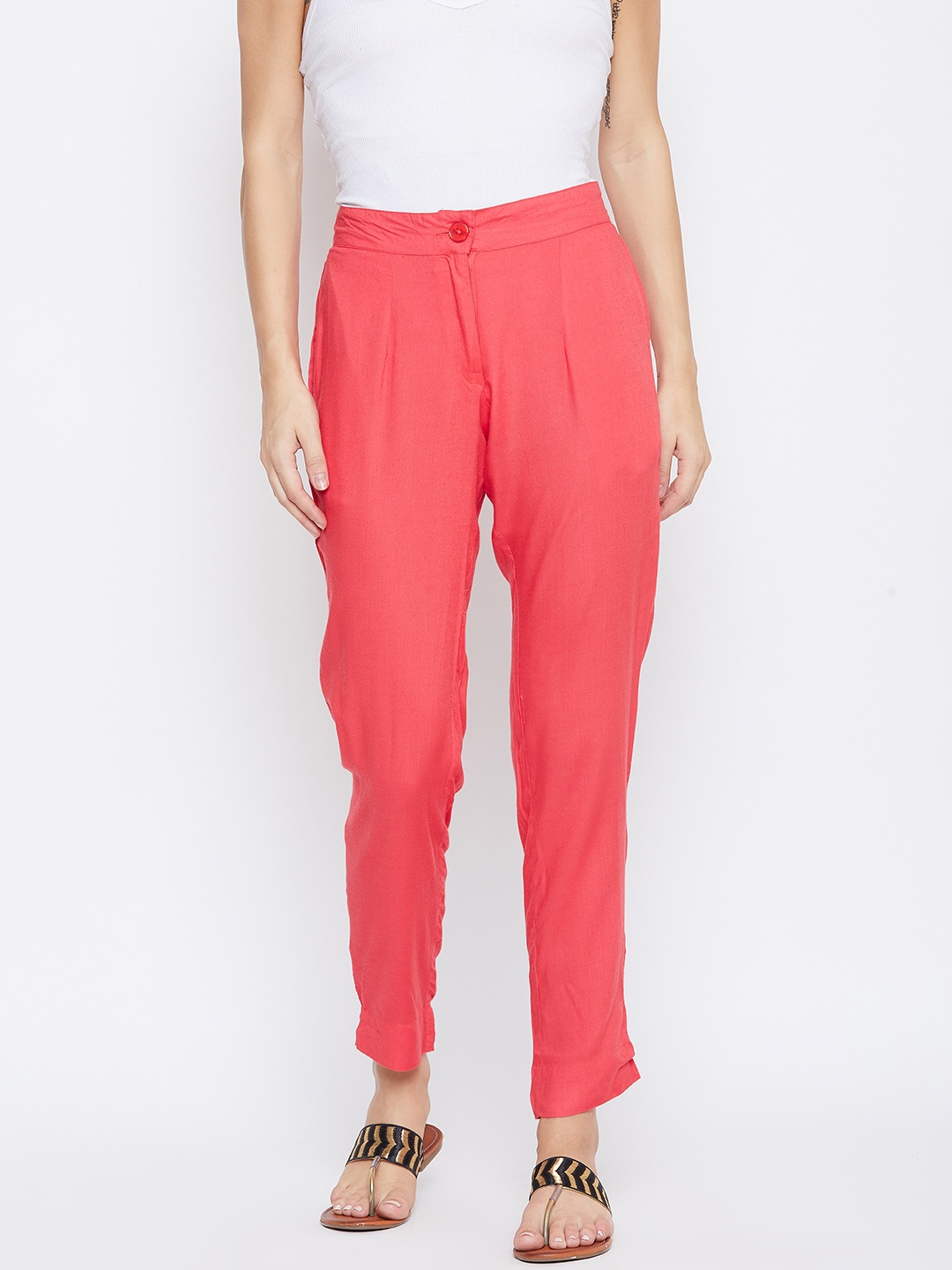 fabGLOBAL Women Coral Pink Relaxed Slim Fit Solid Regular Trousers