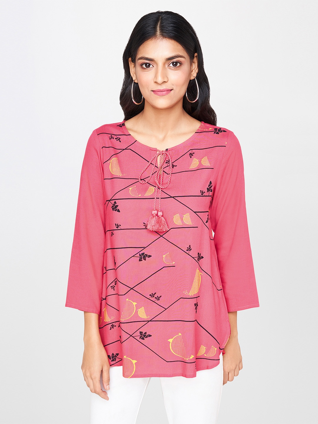 Global Desi Women Pink & Black Printed Longline Top With Tie-Up Neck