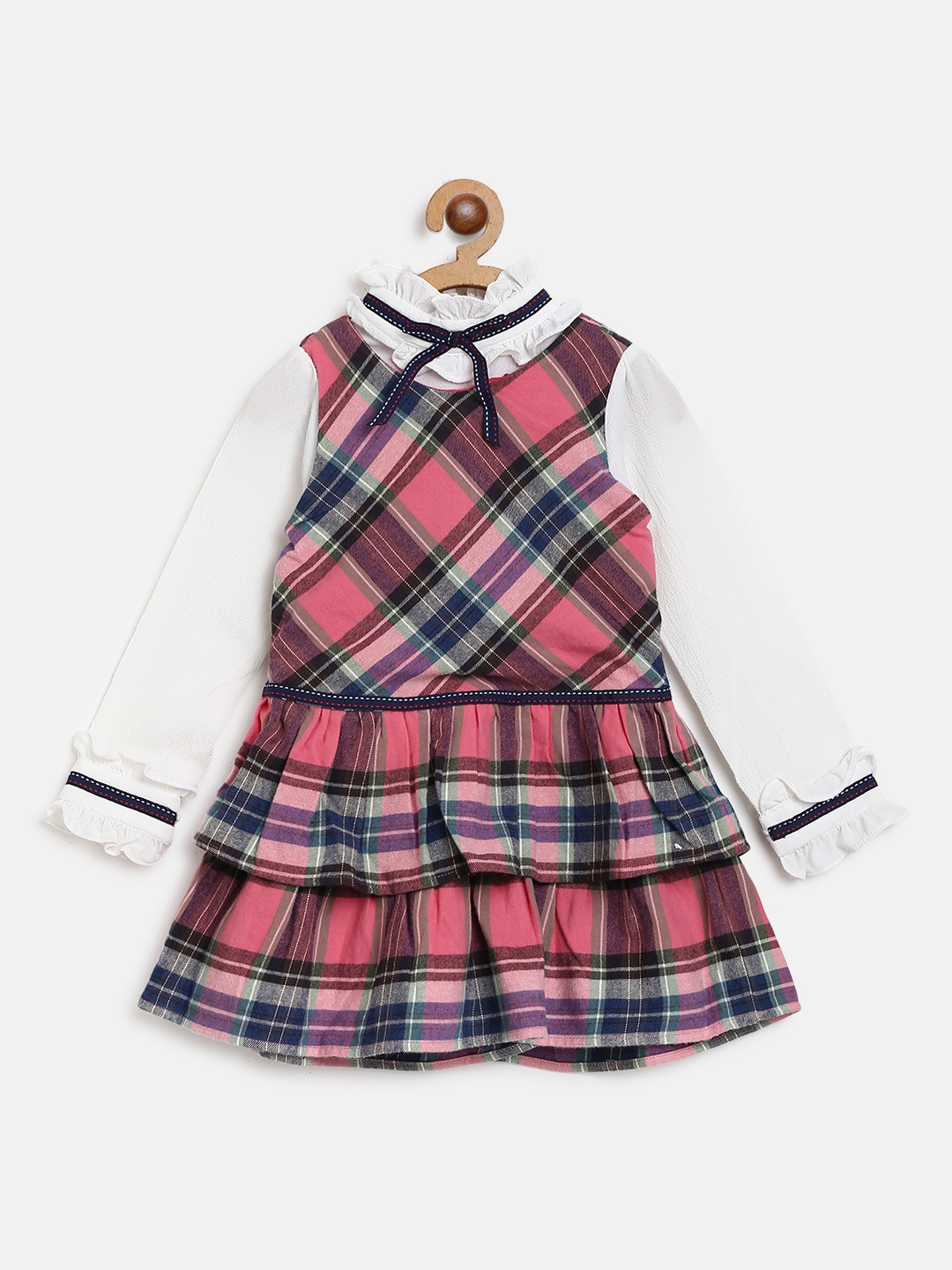 Nauti Nati Girls Pink & Blue Checked Layered Fit And Flare Dress