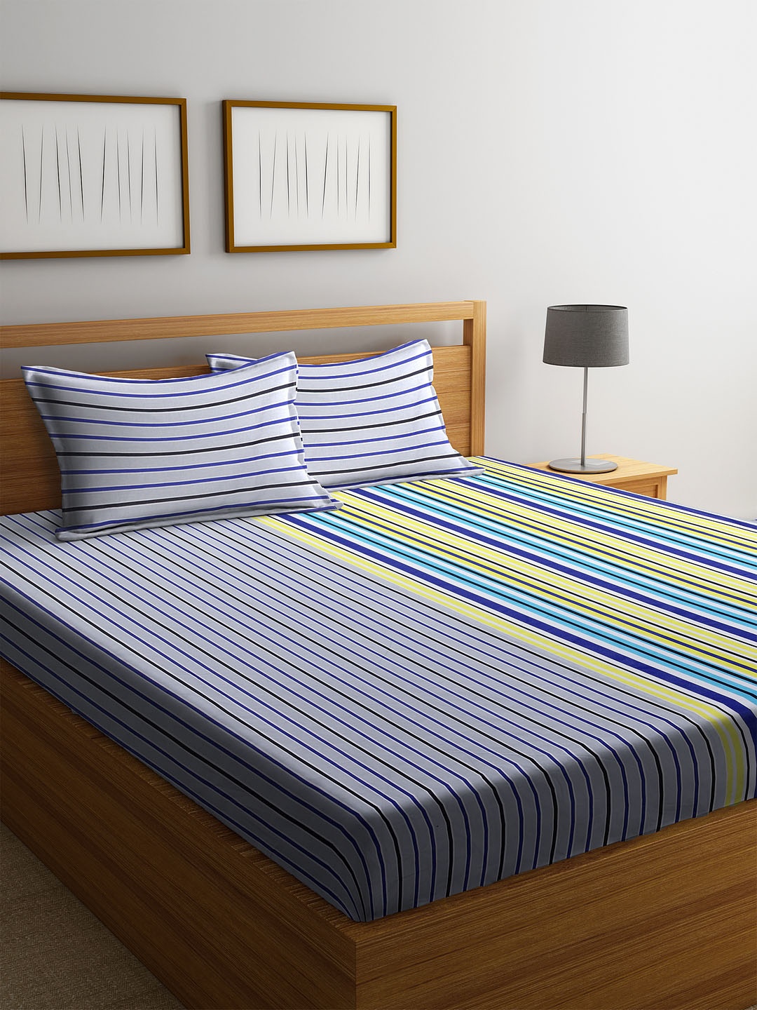 Cortina Blue & Yellow Striped 144 TC Cotton 1 Double Queen Bedsheet with 2 Pillow Covers
Cortina Blue & Yellow Striped 144 TC Cotton 1 Double Queen Bedsheet with 2 Pillow Covers