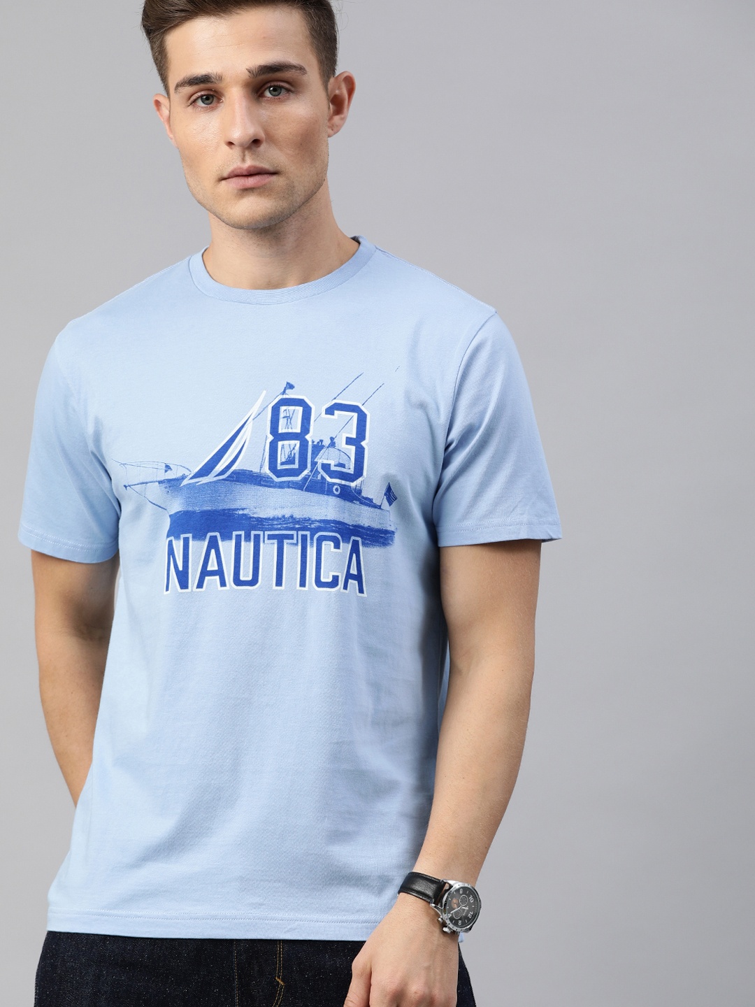 Nautica Men Blue Printed Round Neck T-shirt