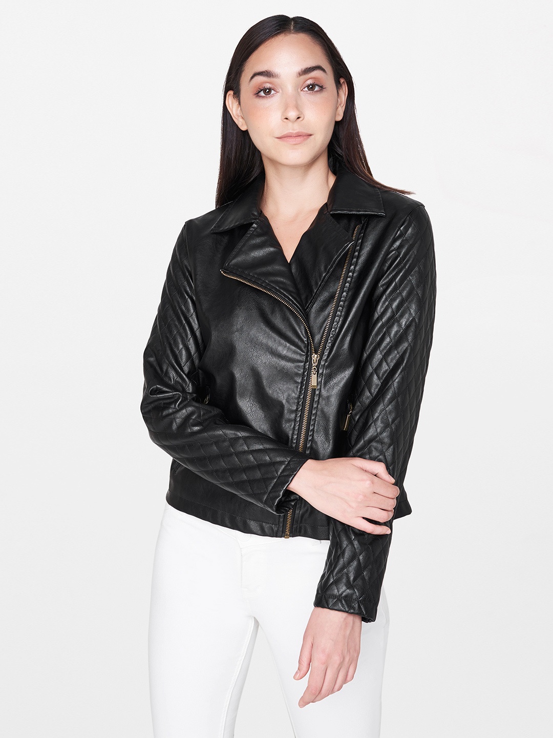 AND Women Black Solid Biker Jacket