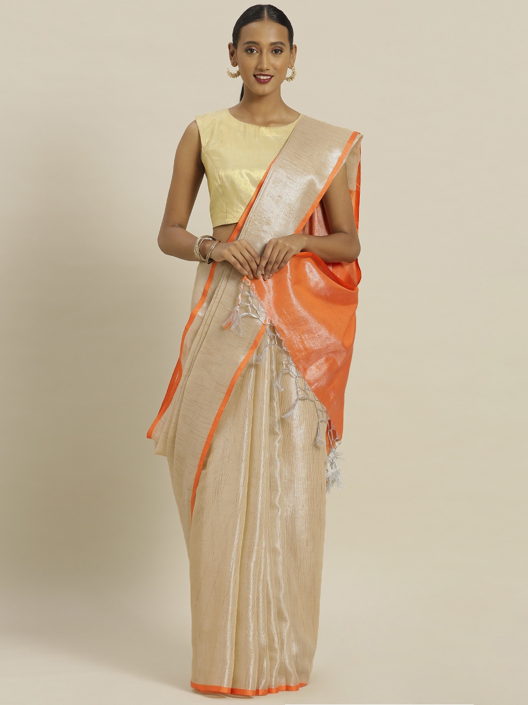 Mitera Beige & Orange Poly Silk Woven Design Saree