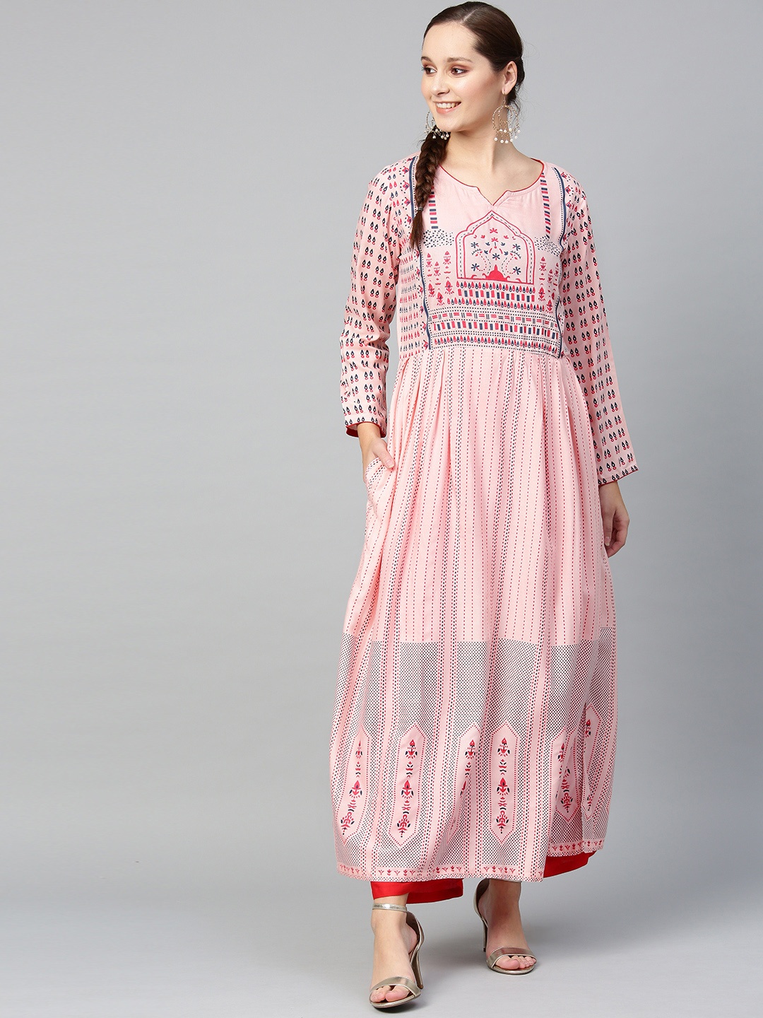 Tulsattva Women Pink & Red Printed Kurta with Palazzos