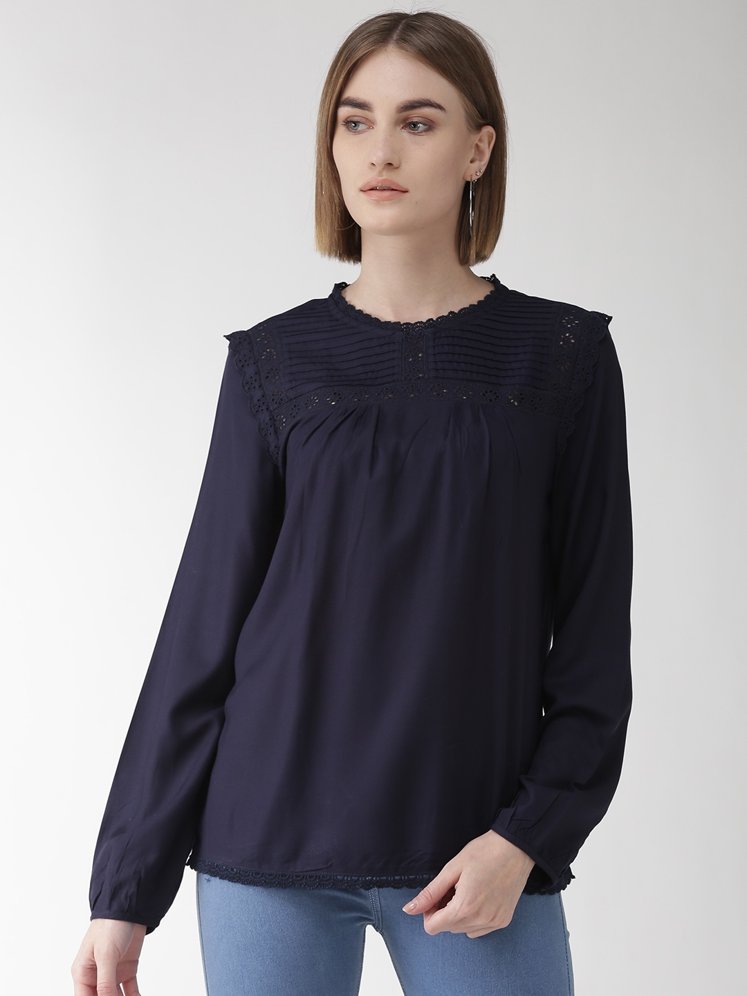 Marks & Spencer Women Navy Blue Schiffli Embroidered Detail Top