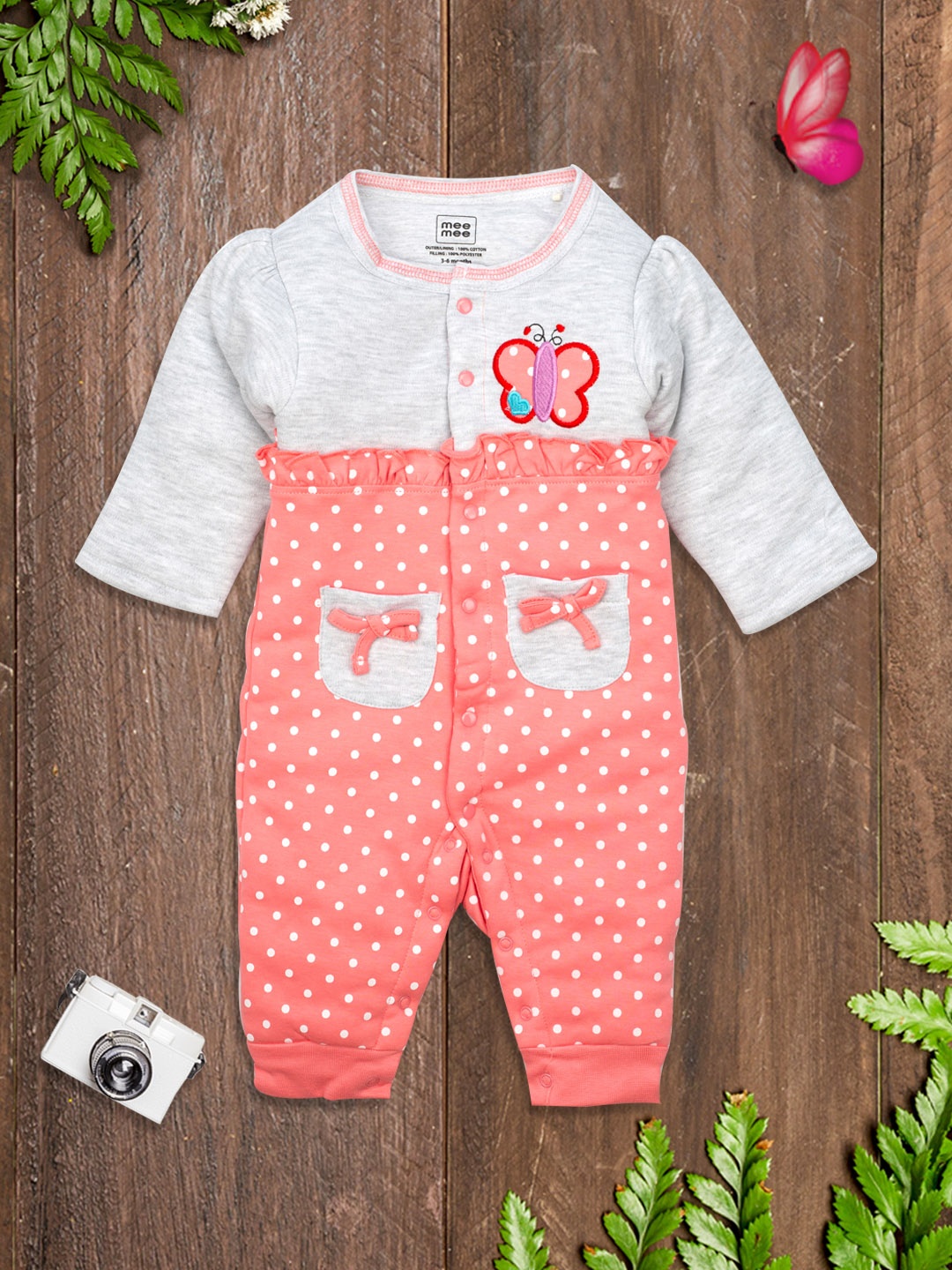 MeeMee Infants Pink & Grey Polka Dots Rompers