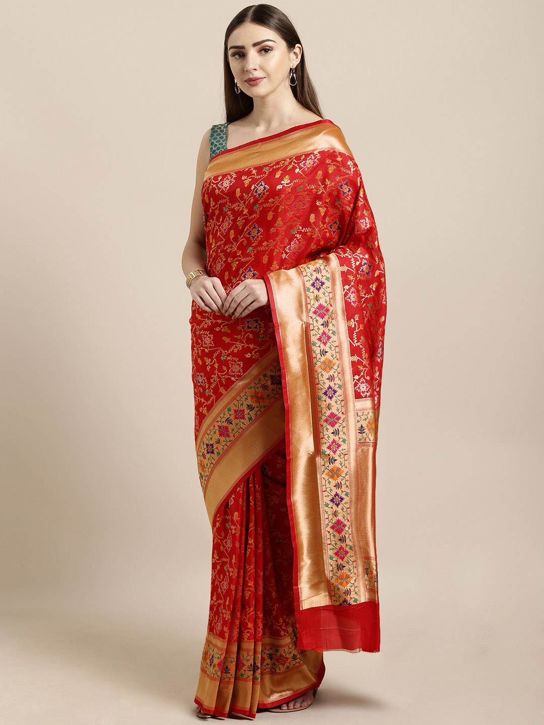 Mitera Red Silk Blend Woven Design Kanjeevaram Saree