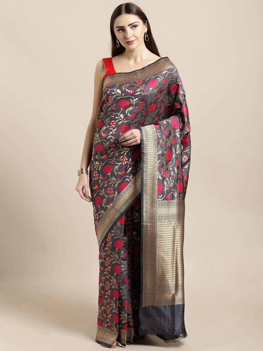 Mitera Grey & Pink Silk Blend Woven Design Kanjeevaram Saree