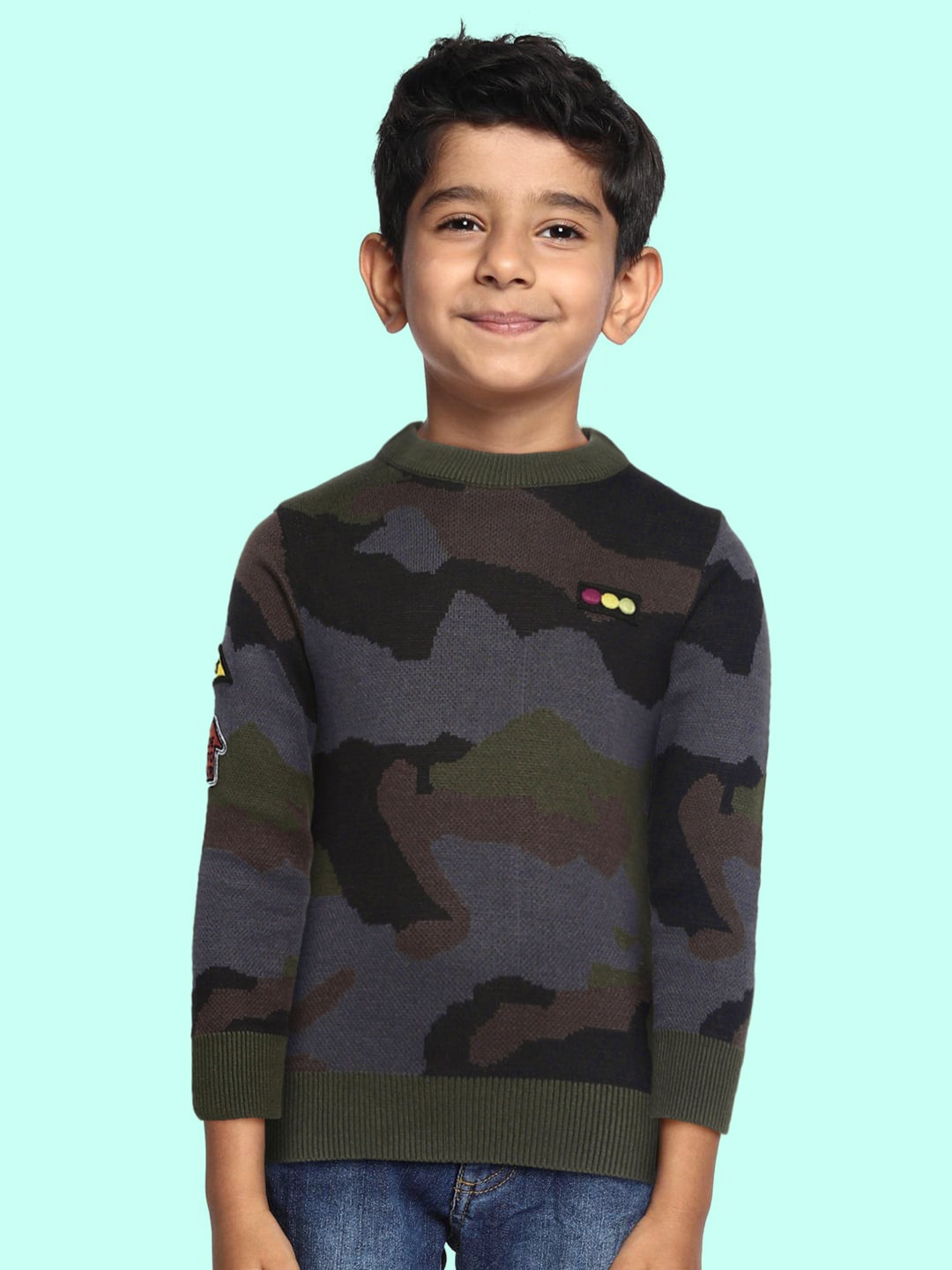 Palm Tree Boys Charcoal Grey & Olive Green Camouflage Patterned Self Design Pullover
Palm Tree Boys Charcoal Grey & Olive Green Camouflage Patterned Self Design Pullover