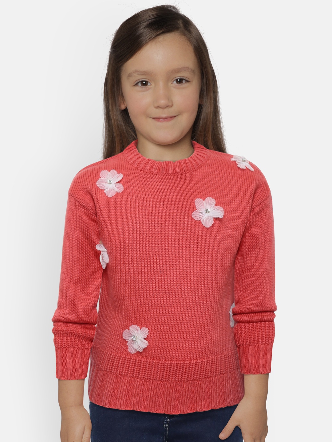 Gini and Jony Girls Coral Orange & White Applique Pullover Sweater