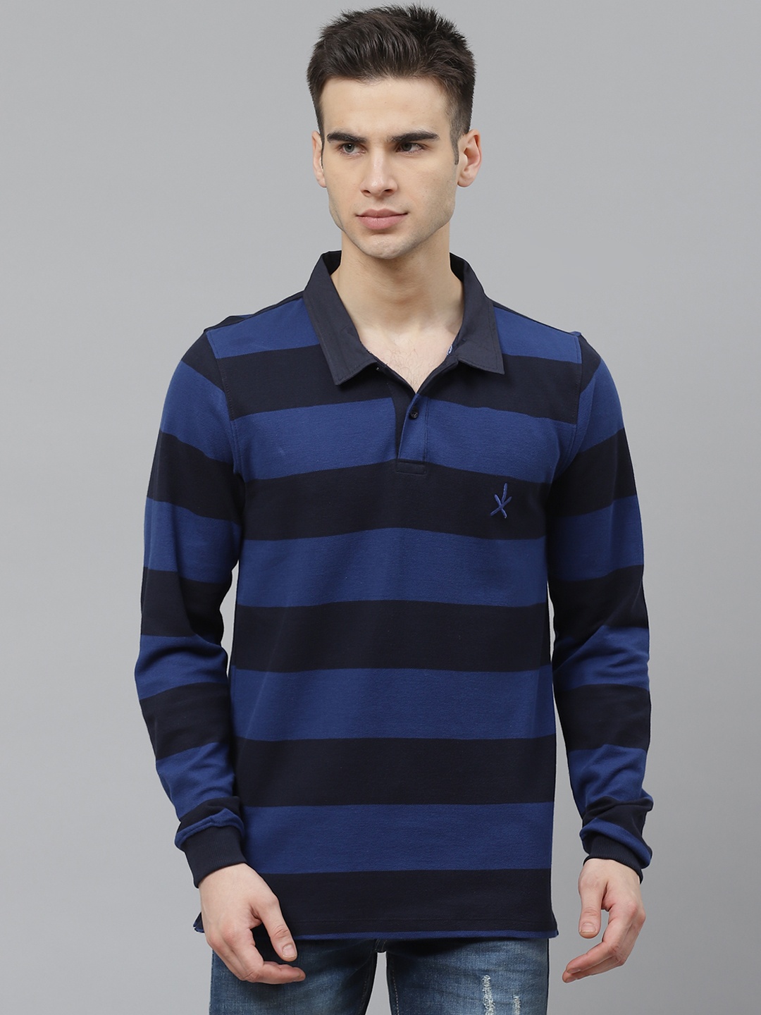 The Roadster Lifestyle Co Men Navy Blue & Black Pure Cotton Striped Polo Collar T-shirt
The Roadster Lifestyle Co Men Navy Blue & Black Pure Cotton Striped Polo Collar T-shirt