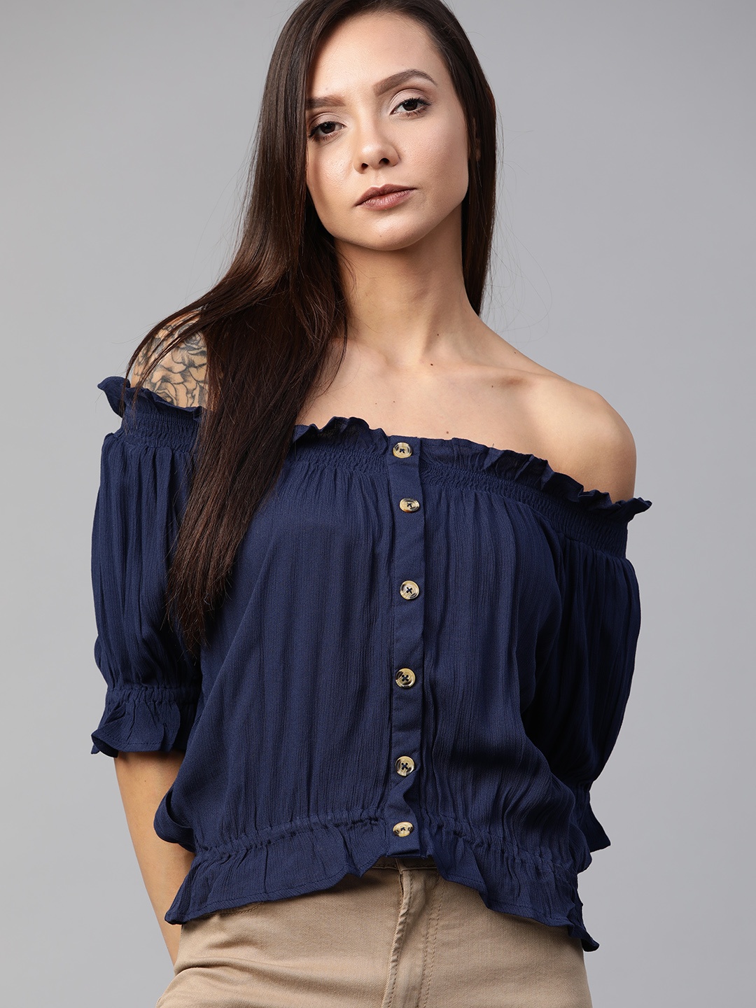 The Roadster Lifestyle Co Women Navy Blue Solid Crinkled Ruffled Bardot Sustainable Top
The Roadster Lifestyle Co Women Navy Blue Solid Crinkled Ruffled Bardot Sustainable Top