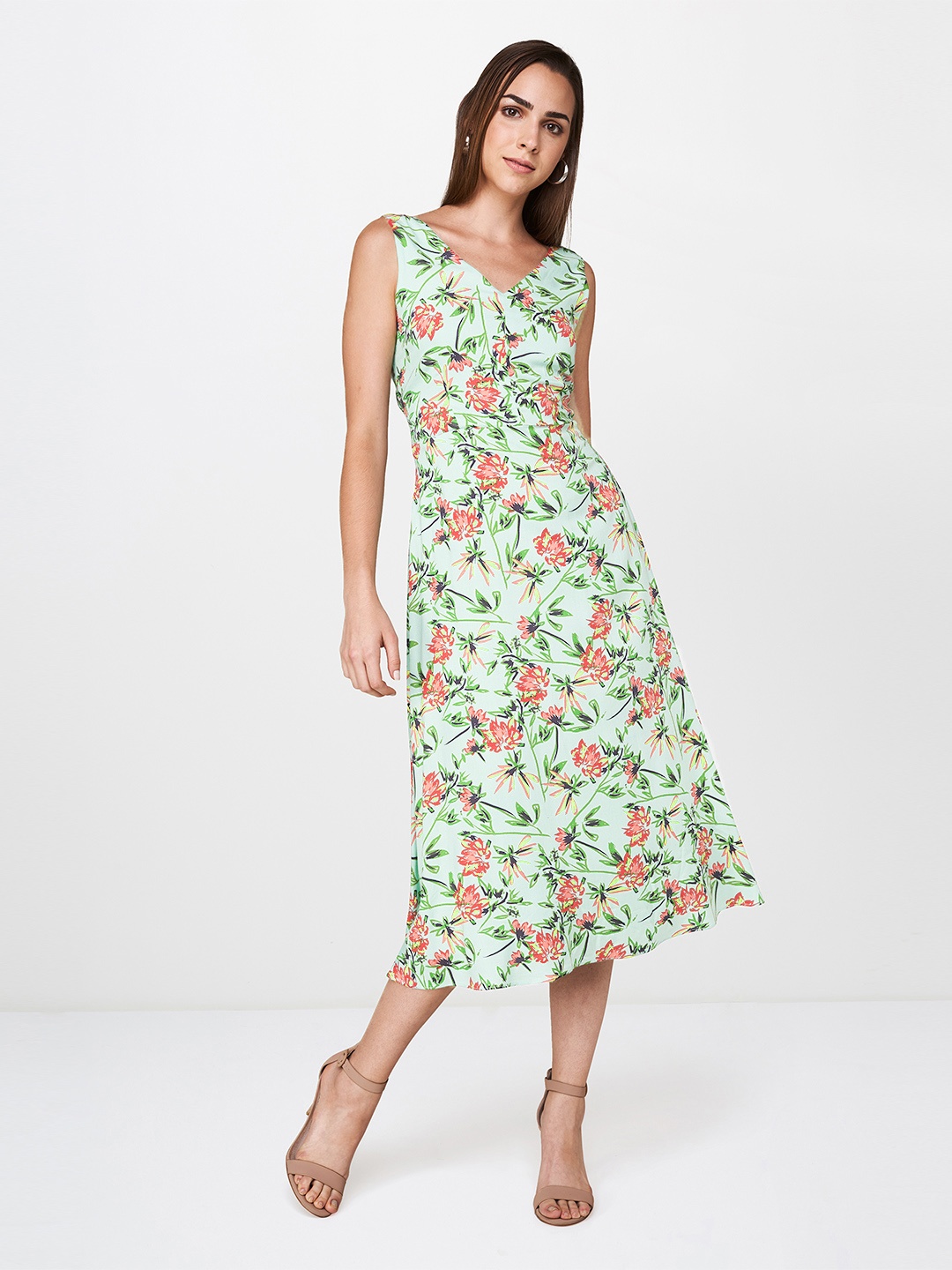 AND Women Green Floral Printed A-Line Dress