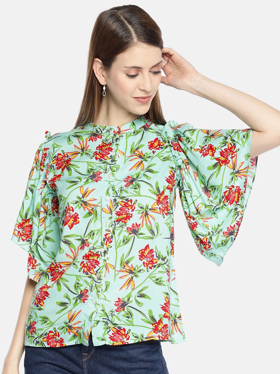 AND Women Green & Red Printed Shirt