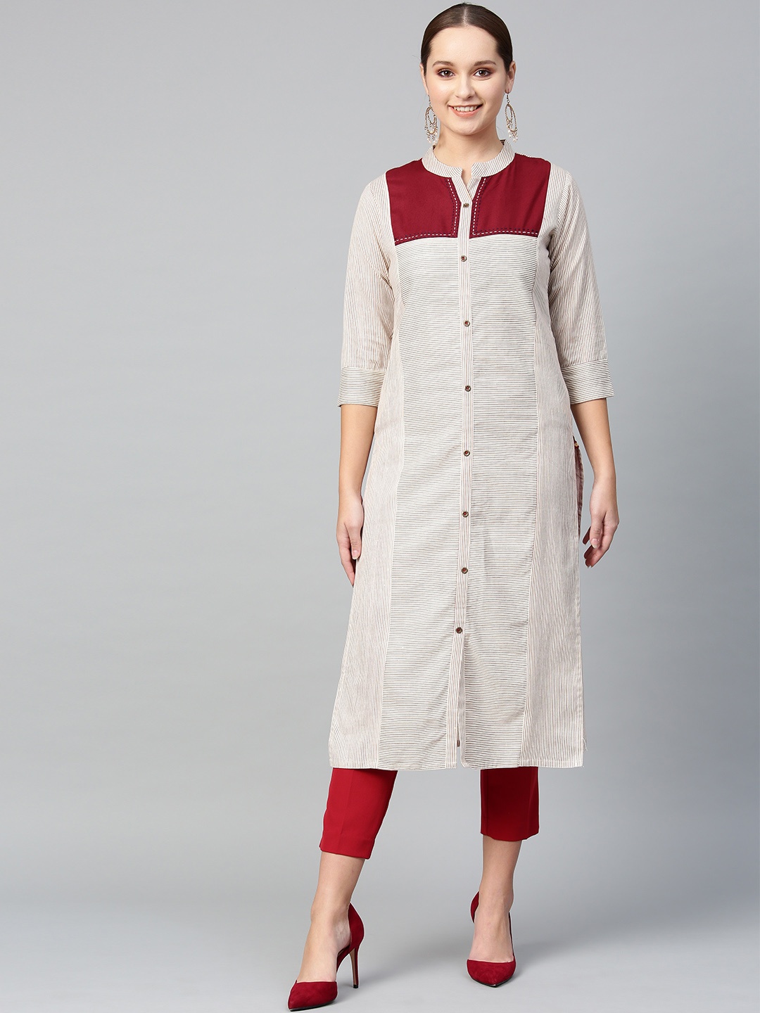 KSUT Women Off-White & Maroon Striped A-Line Kurta