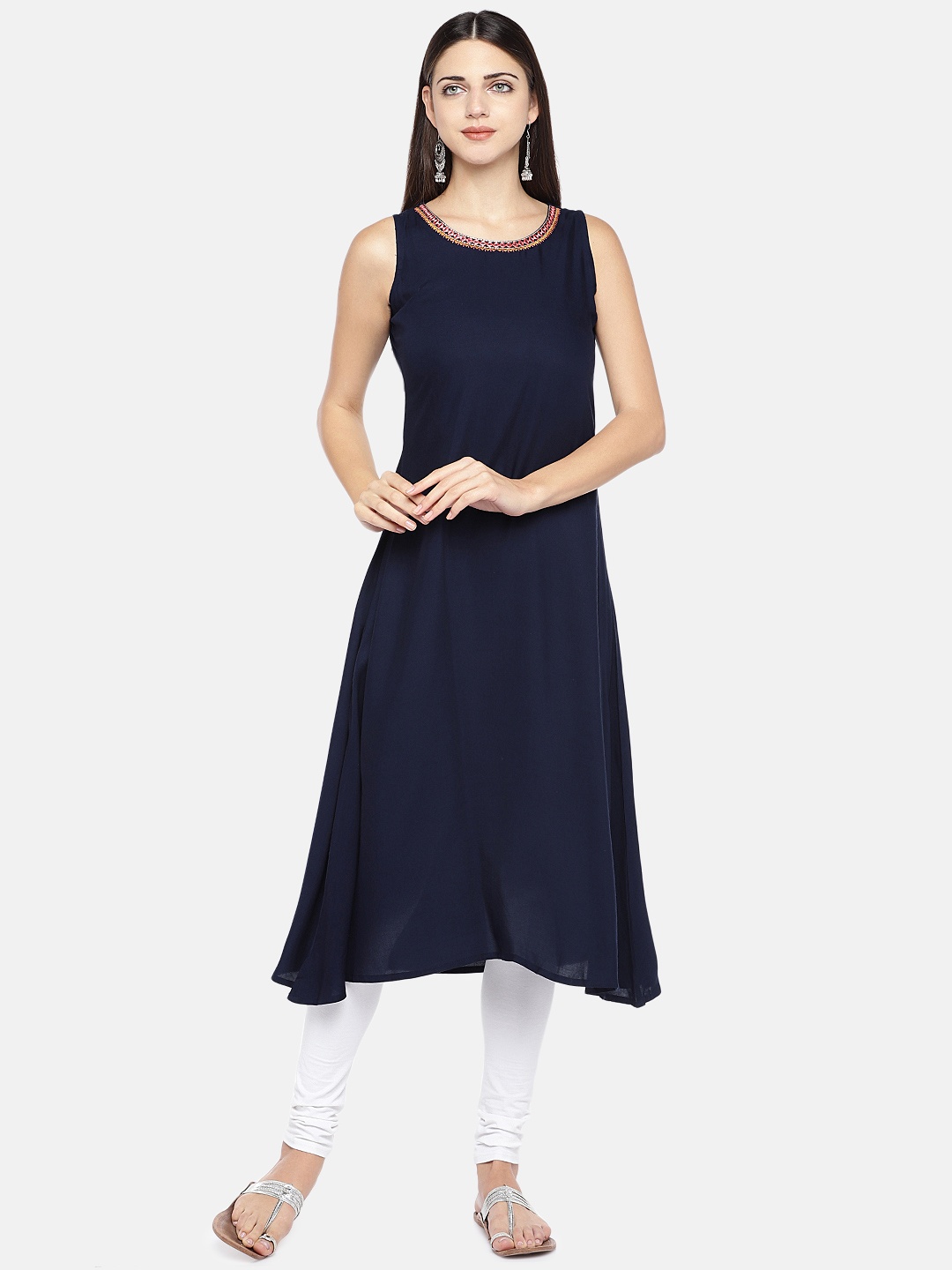 Globus Women Navy Blue Embroidered A-Line Kurta