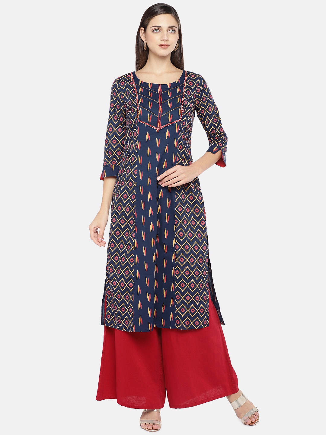 Globus Women Navy Blue & Pink Printed Straight Kurta